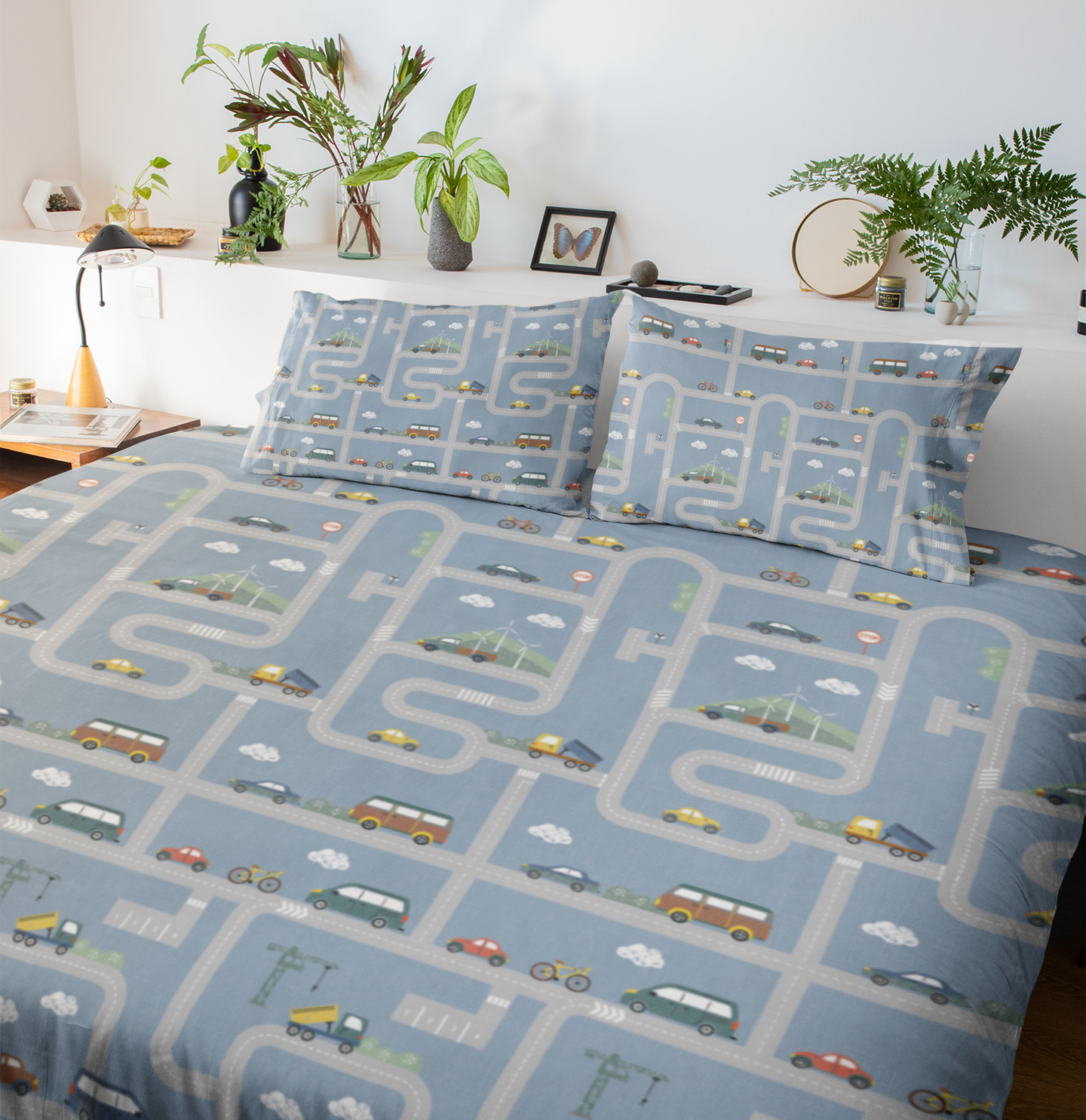 Track Town – Kids' Car & Roadway Flat Sheet Bedding Set