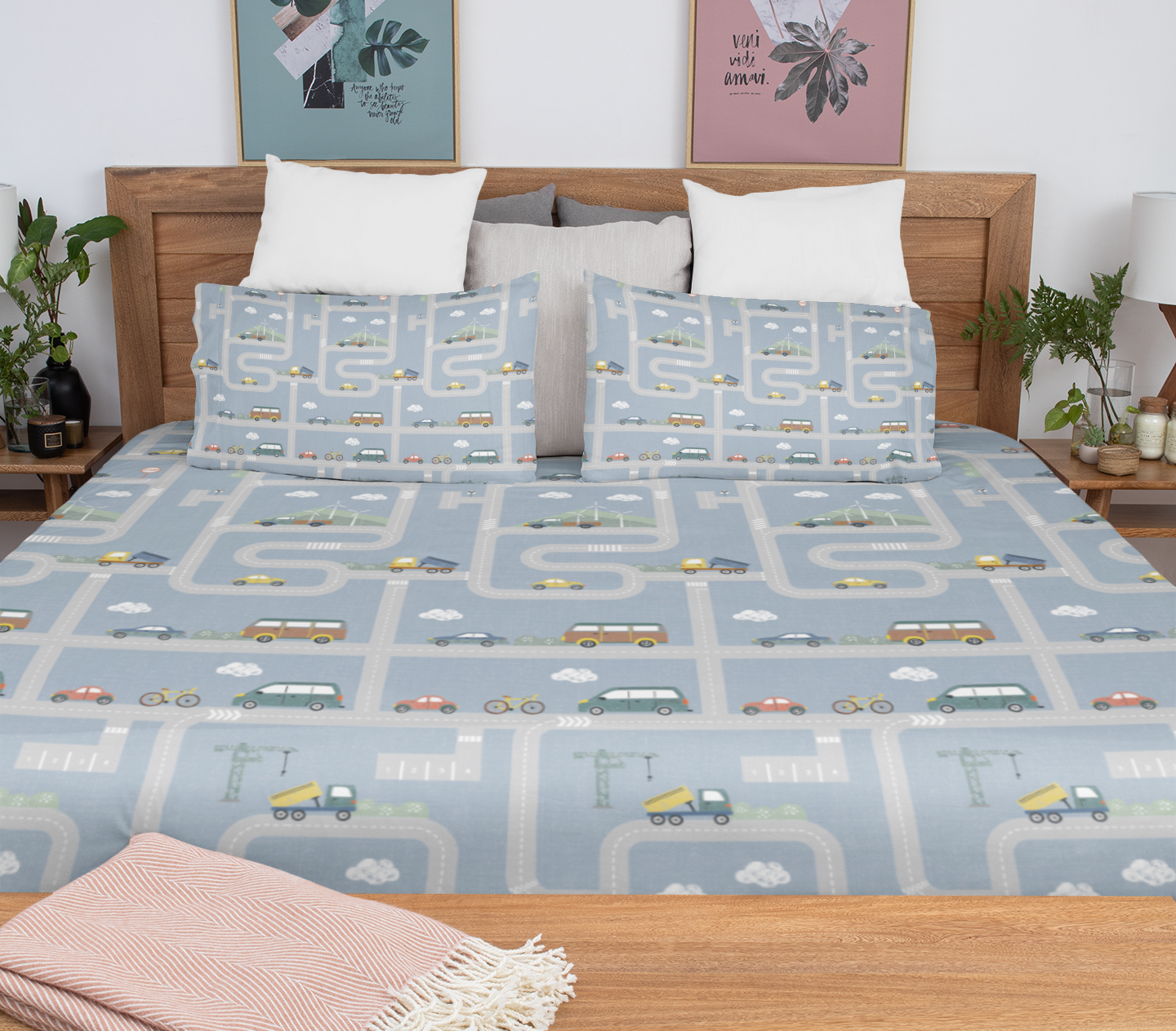 Track Town – Kids' Car & Roadway Flat Sheet Bedding Set