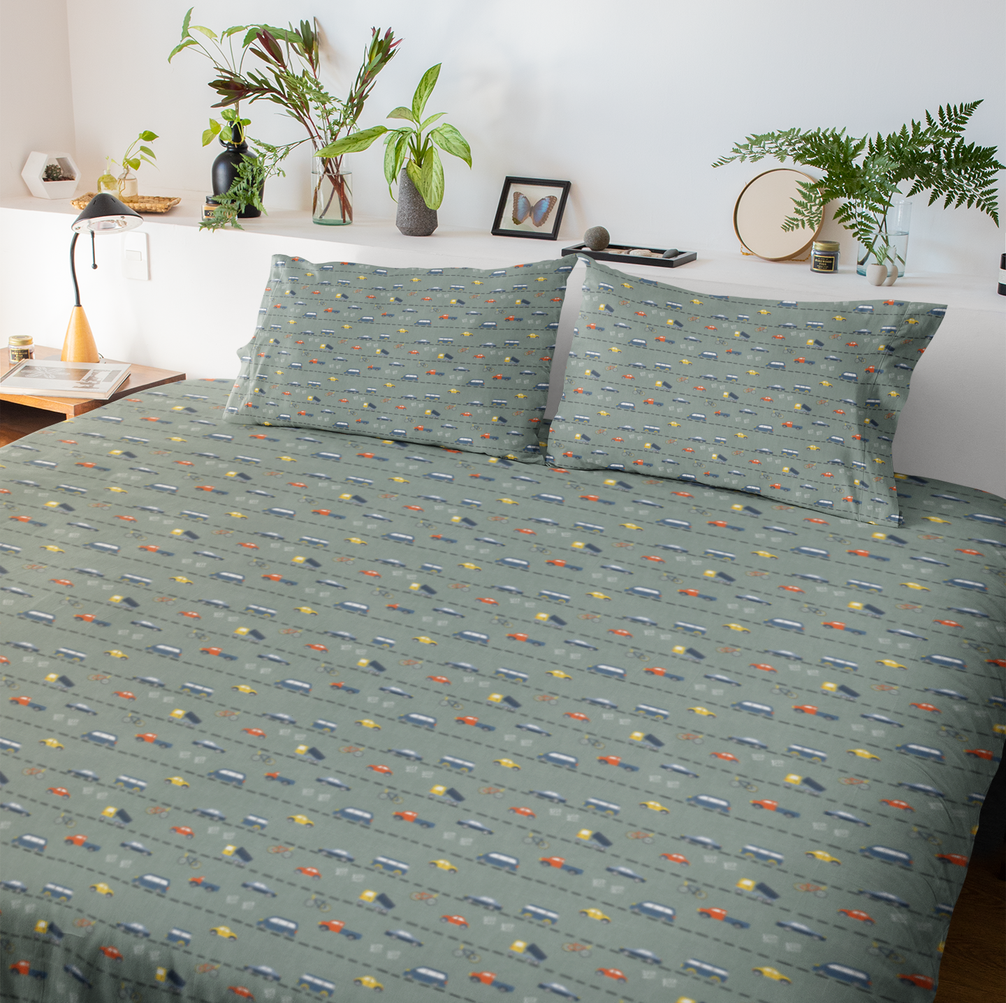 City Wheels – Green Traffic Print Flat Sheet Bedding Set