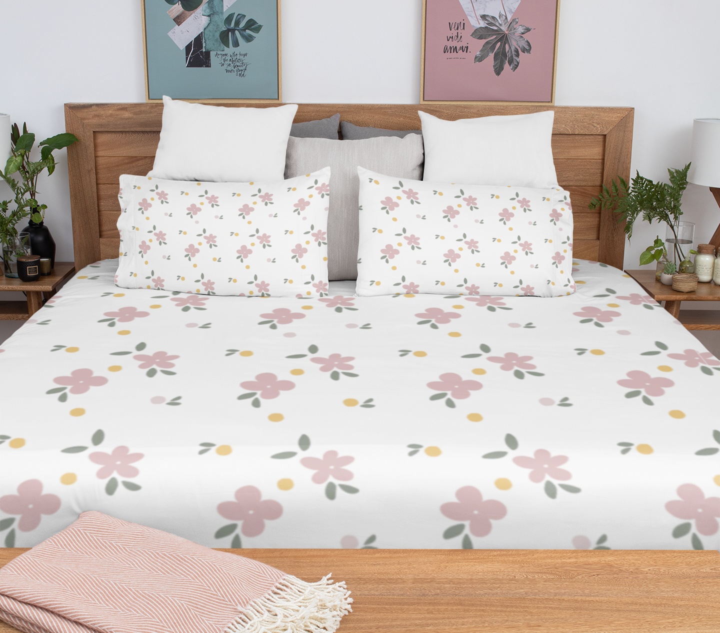 Blush Bloom – Minimal Daisy Print Flat Sheet Bedding Set
