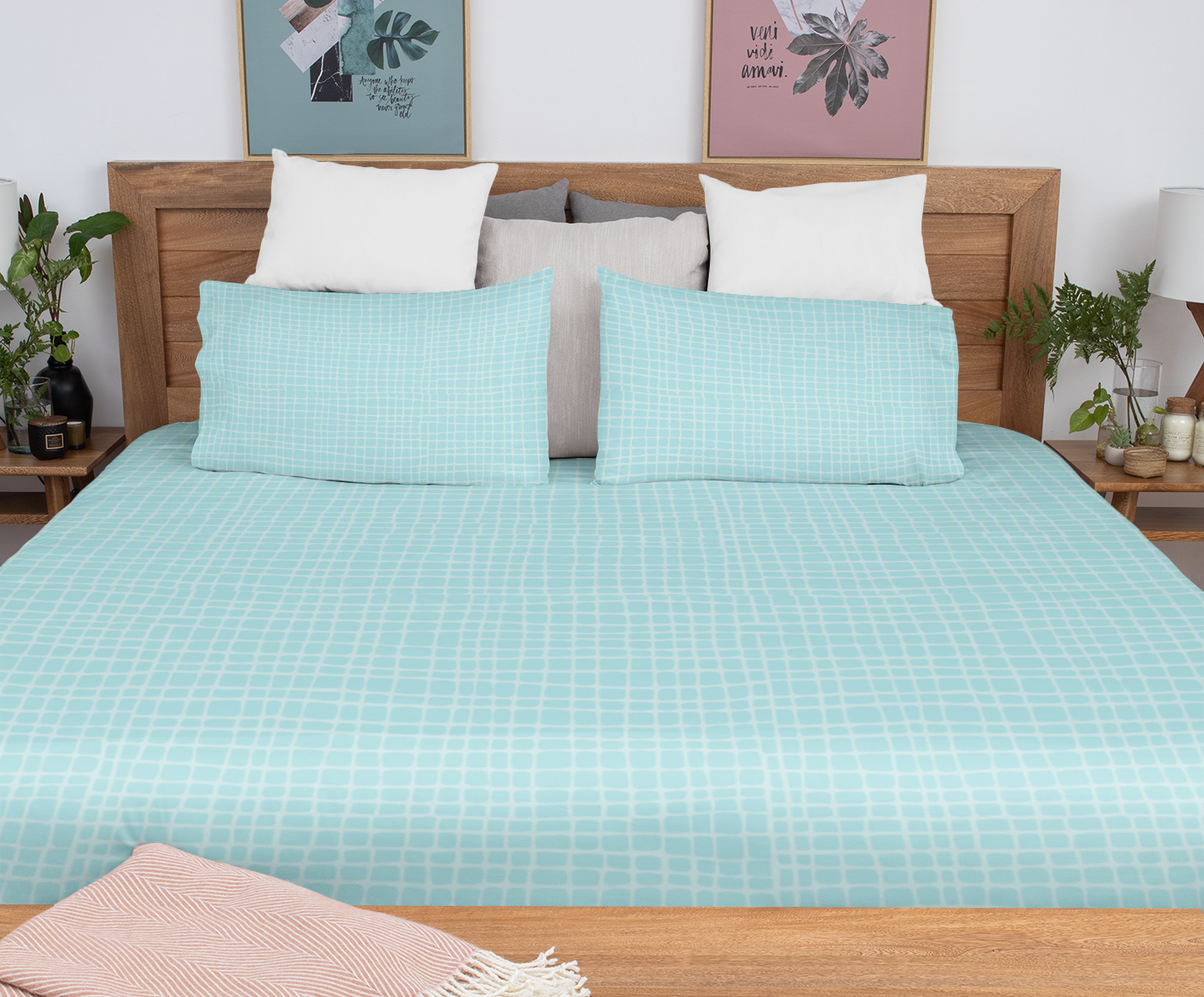 Ocean Mist – Aqua Grid Flat Sheet Bedding Set