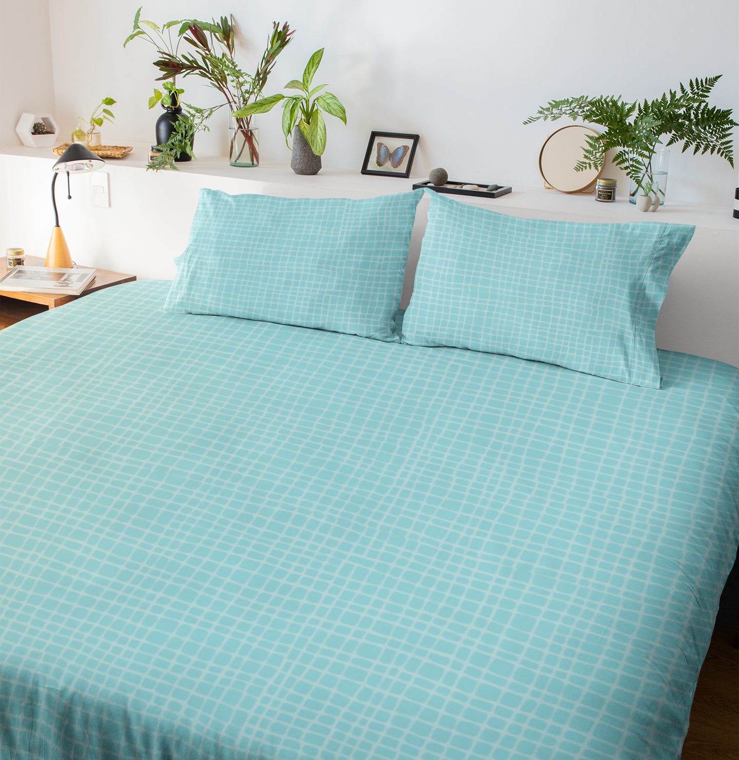 Ocean Mist – Aqua Grid Flat Sheet Bedding Set