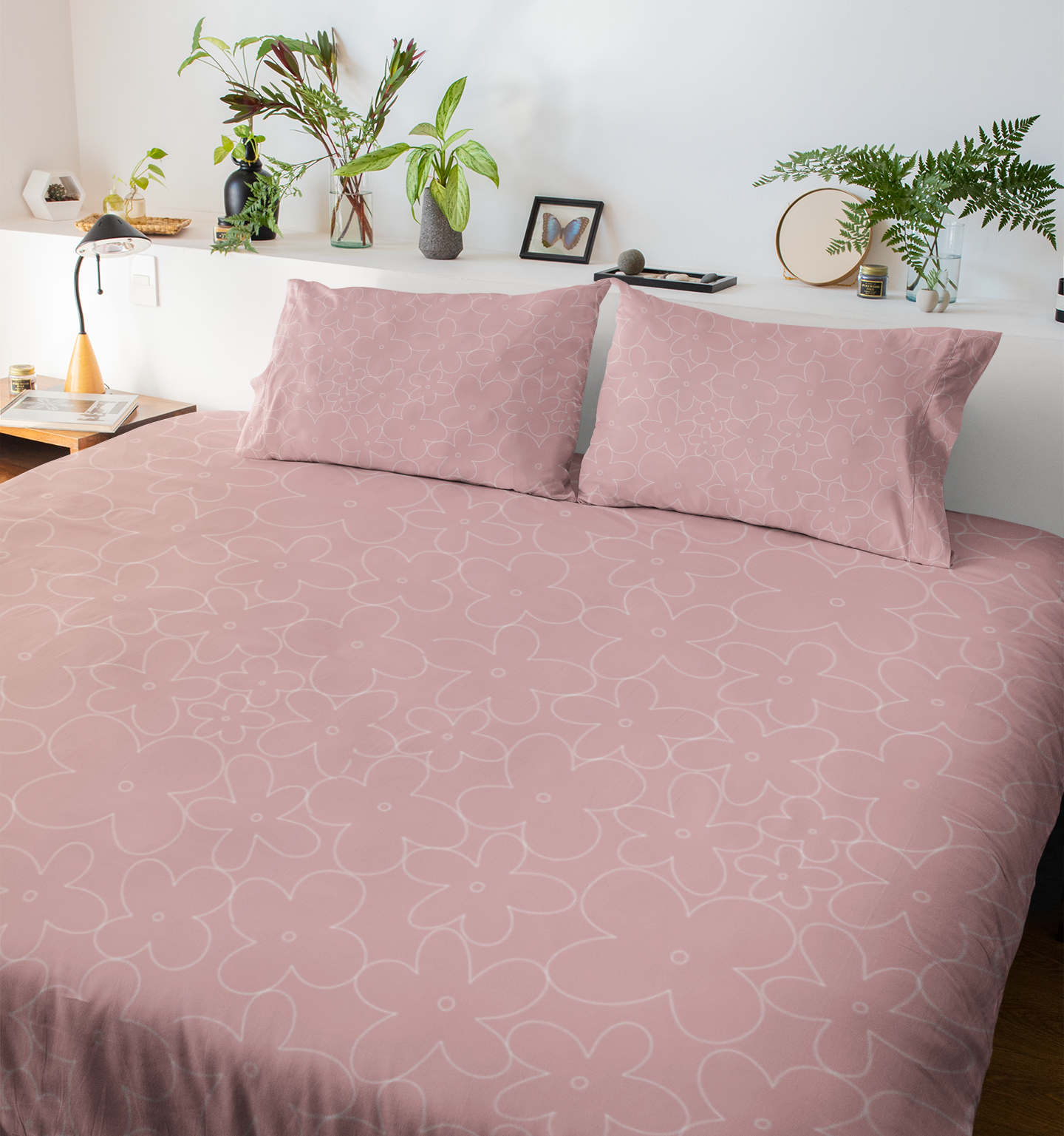 Petal World – Blush Pink Floral Outline Flat Sheet Bedding Set