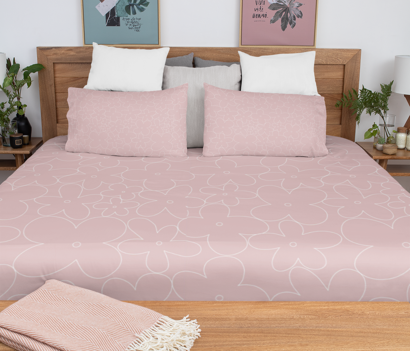 Petal World – Blush Pink Floral Outline Flat Sheet Bedding Set