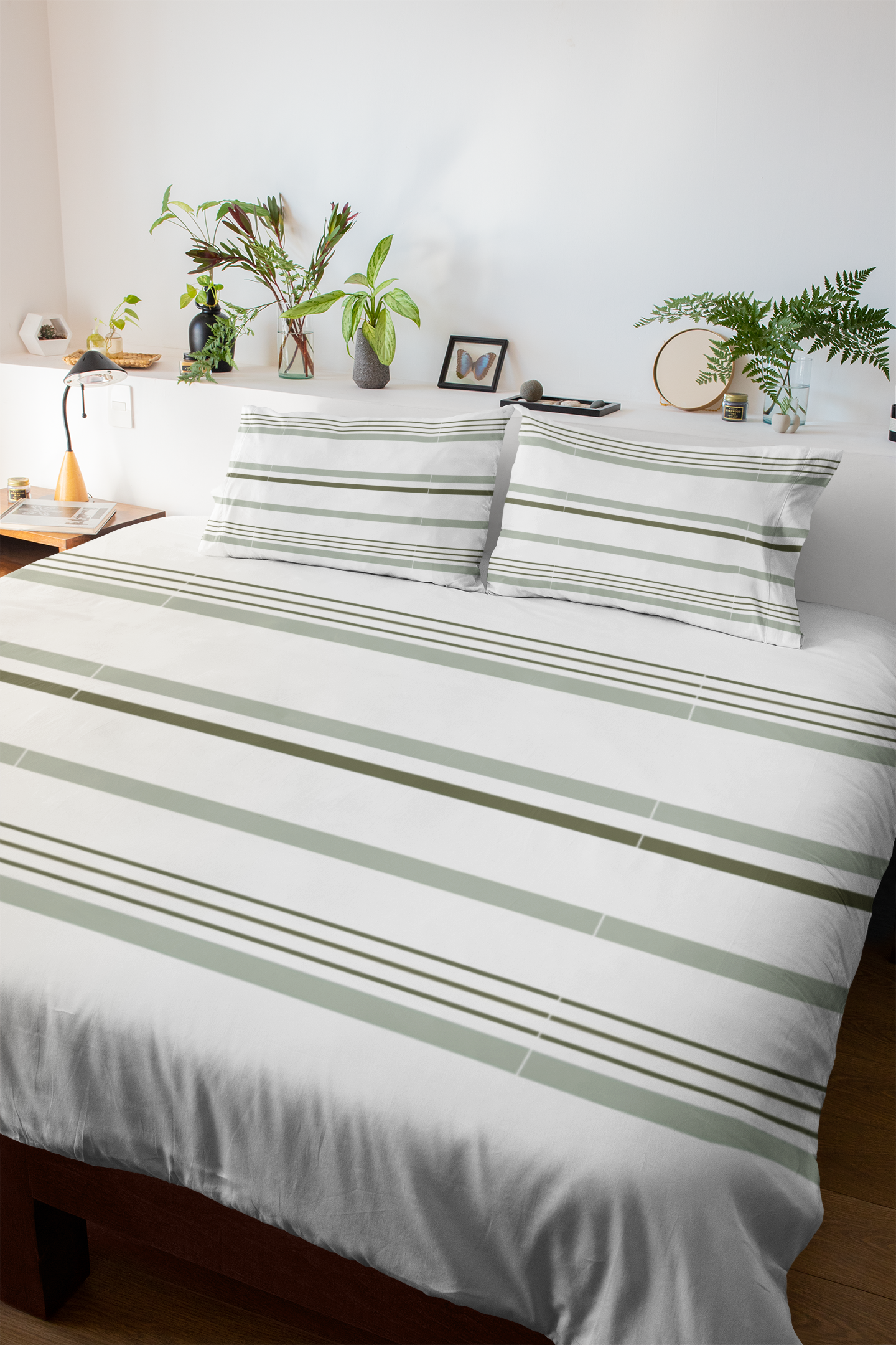 Classic Striped Green Queen Bedsheet Set – White & Sage Green