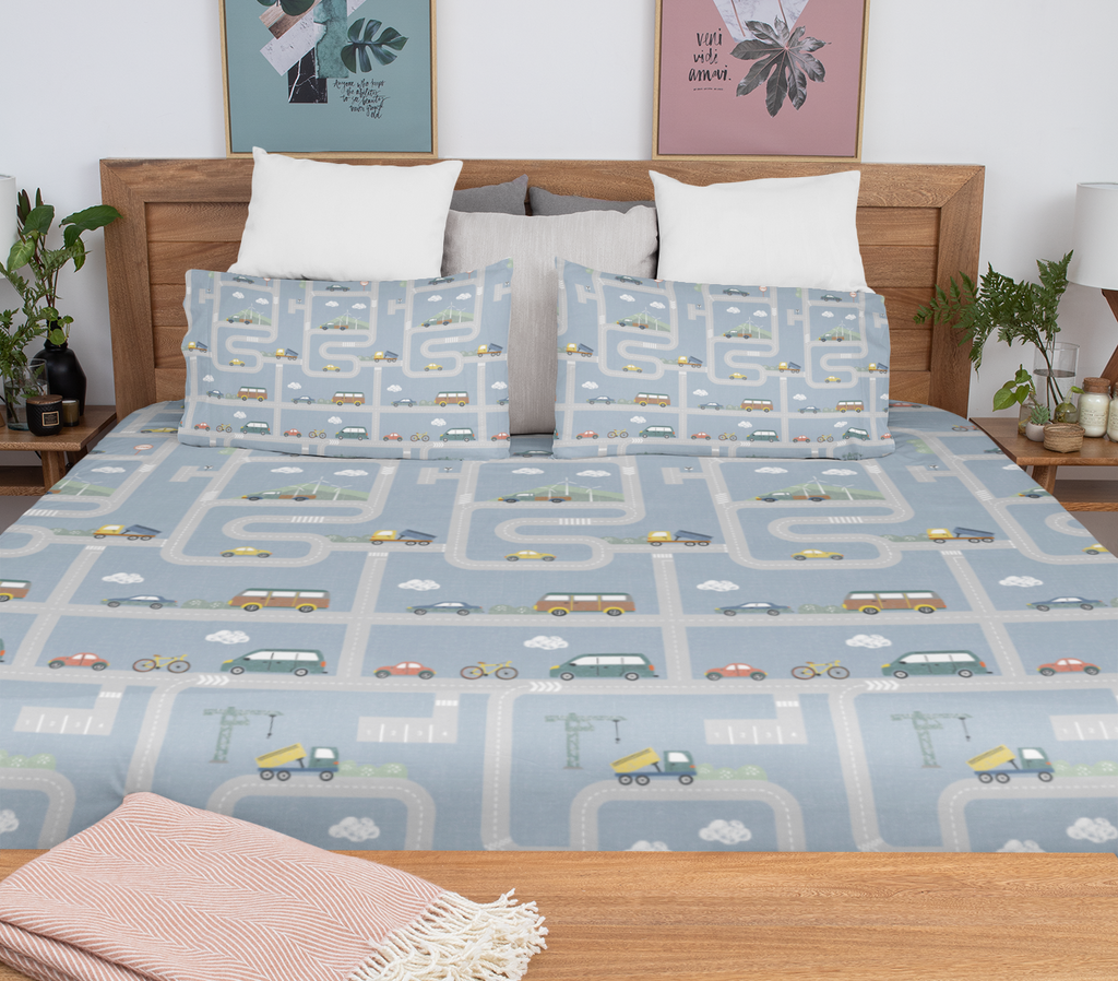 Track Town – Kids' Car & Roadway Flat Sheet Bedding Set