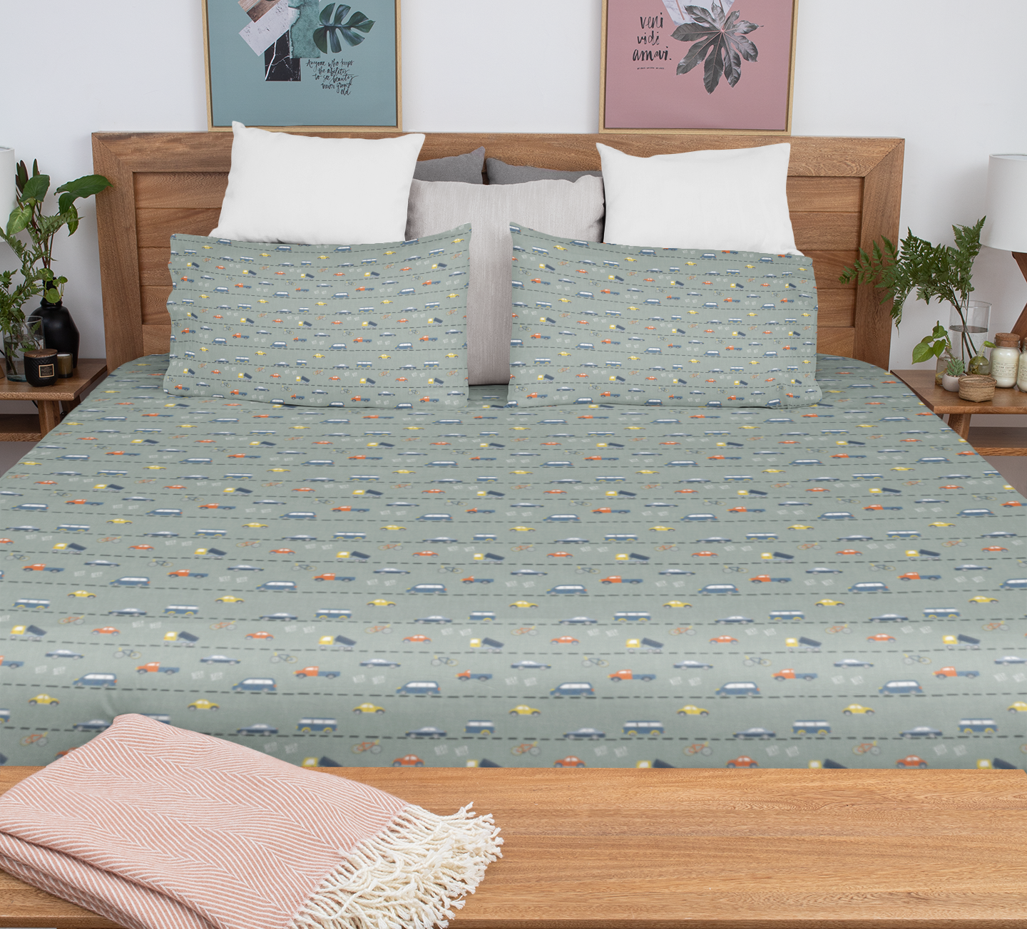 City Wheels – Green Traffic Print Flat Sheet Bedding Set